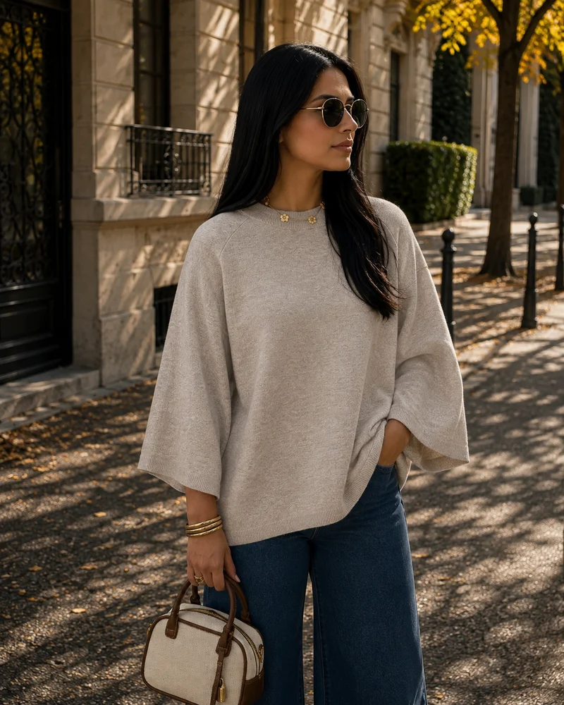 Marlowe T-Shirt en Maille Femme – Coupe Ample, Manches Mi-Longues & Col Rond
