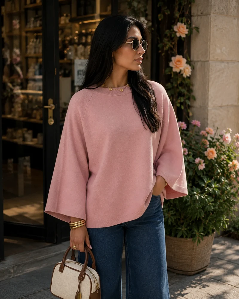 Marlowe T-Shirt en Maille Femme – Coupe Ample, Manches Mi-Longues & Col Rond