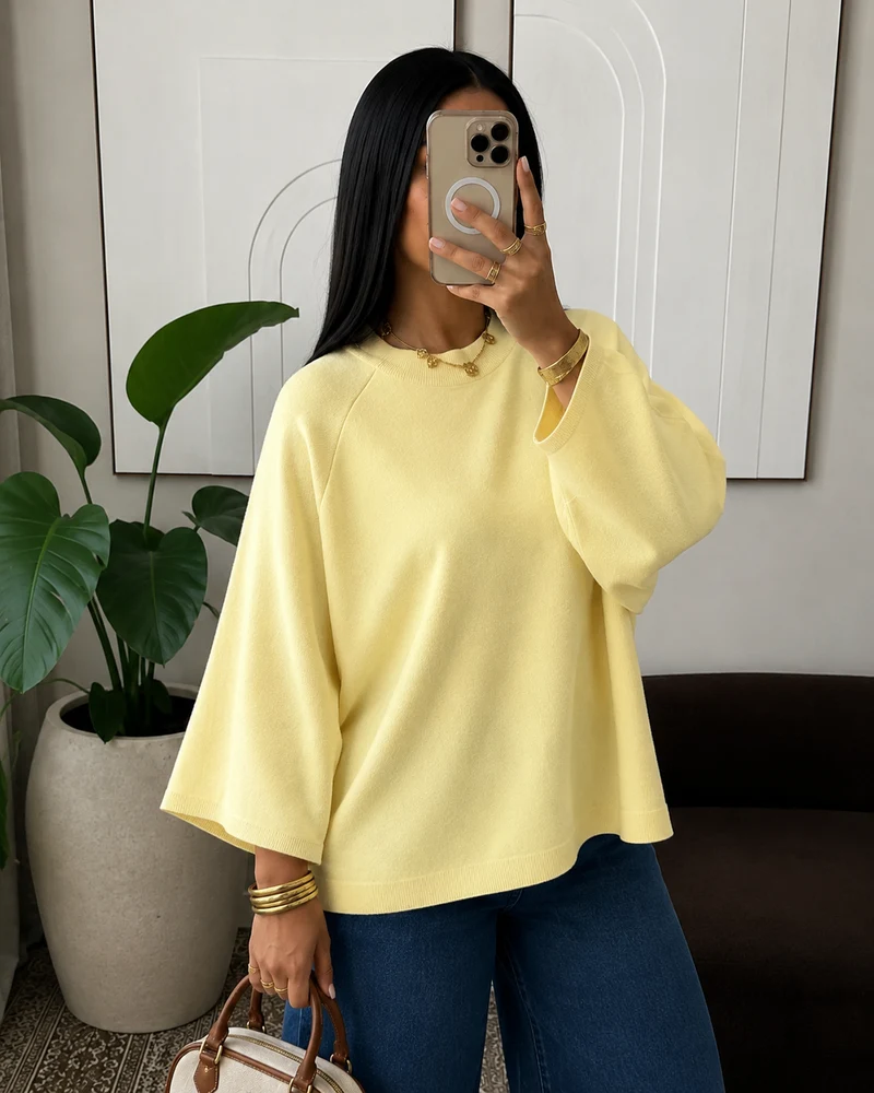 Marlowe T-Shirt en Maille Femme – Coupe Ample, Manches Mi-Longues & Col Rond