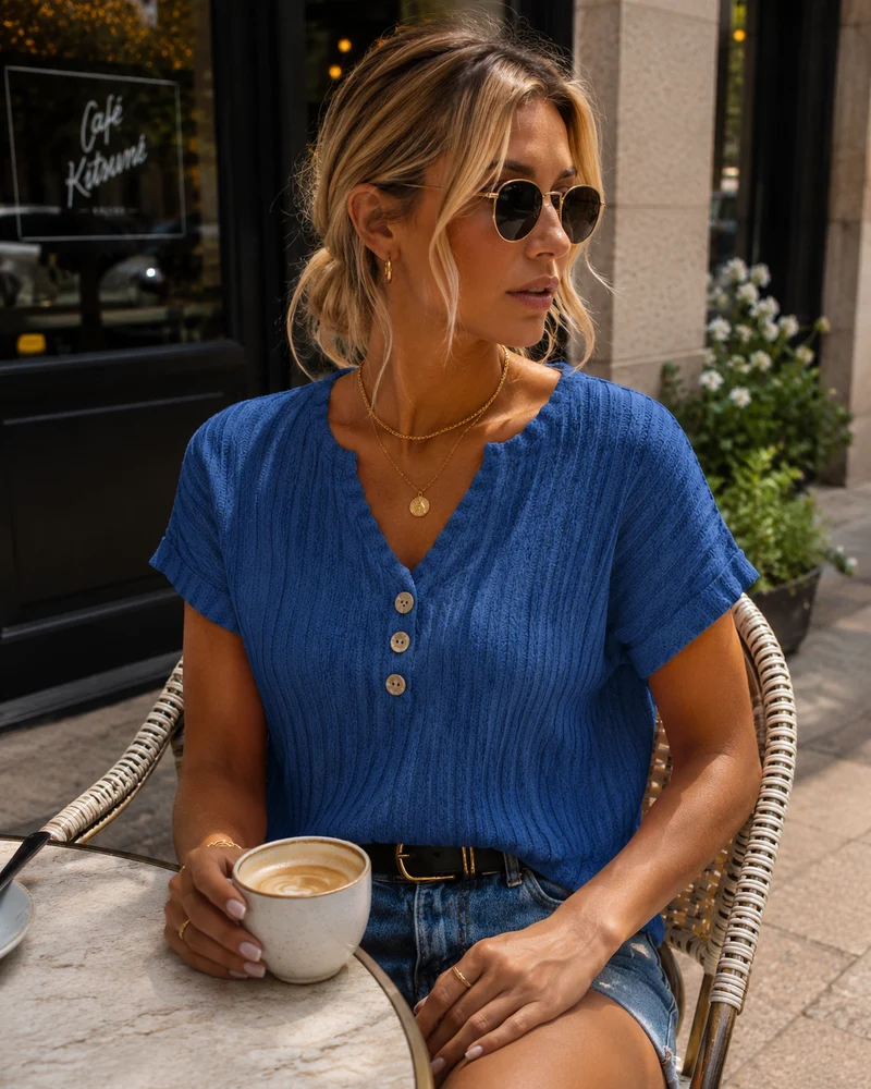 Quinn Top Femme – Maille Côtelée, Col V, Boutons Décoratifs & Coupe Ajustée