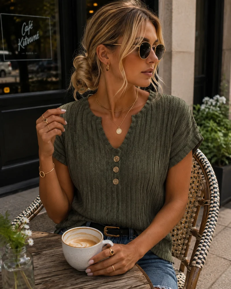 Quinn Top Femme – Maille Côtelée, Col V, Boutons Décoratifs & Coupe Ajustée