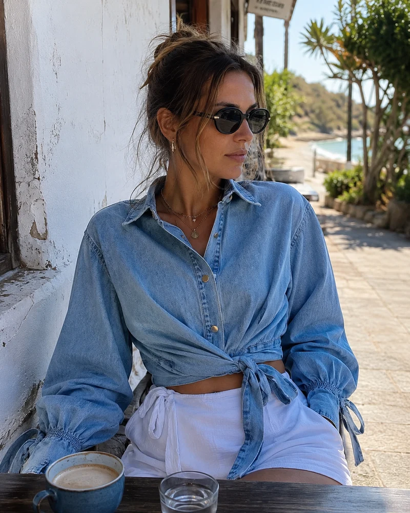 Briar Blouse Cache-Cœur en Jean Femme – 100 % Coton, Ceinture à Nouer & Manches Volumineuses