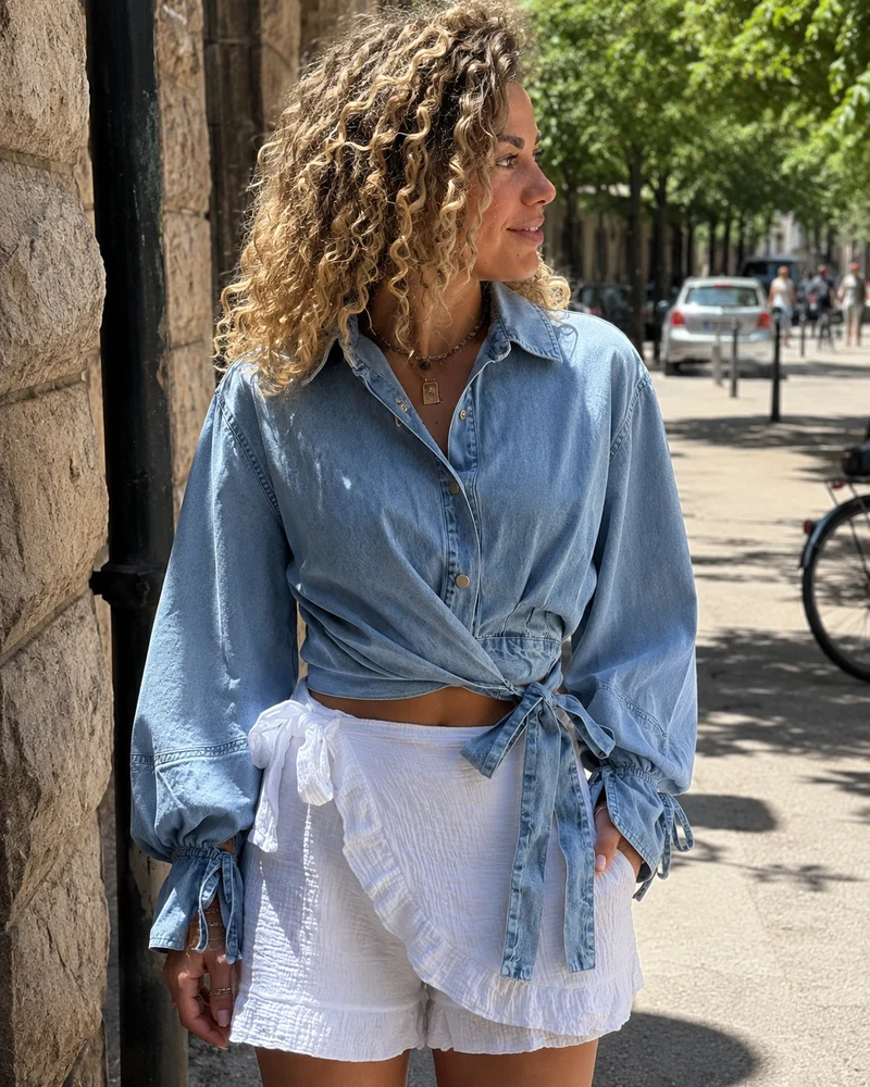 Briar Blouse Cache-Cœur en Jean Femme – 100 % Coton, Ceinture à Nouer & Manches Volumineuses