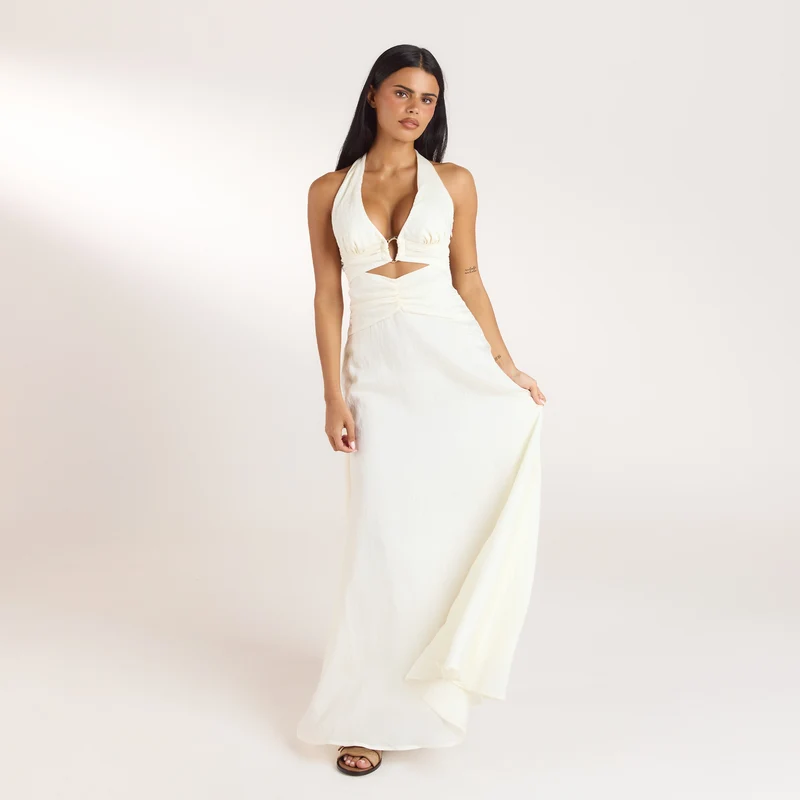 Robe Longue avec Fronces en Tencel - Crème