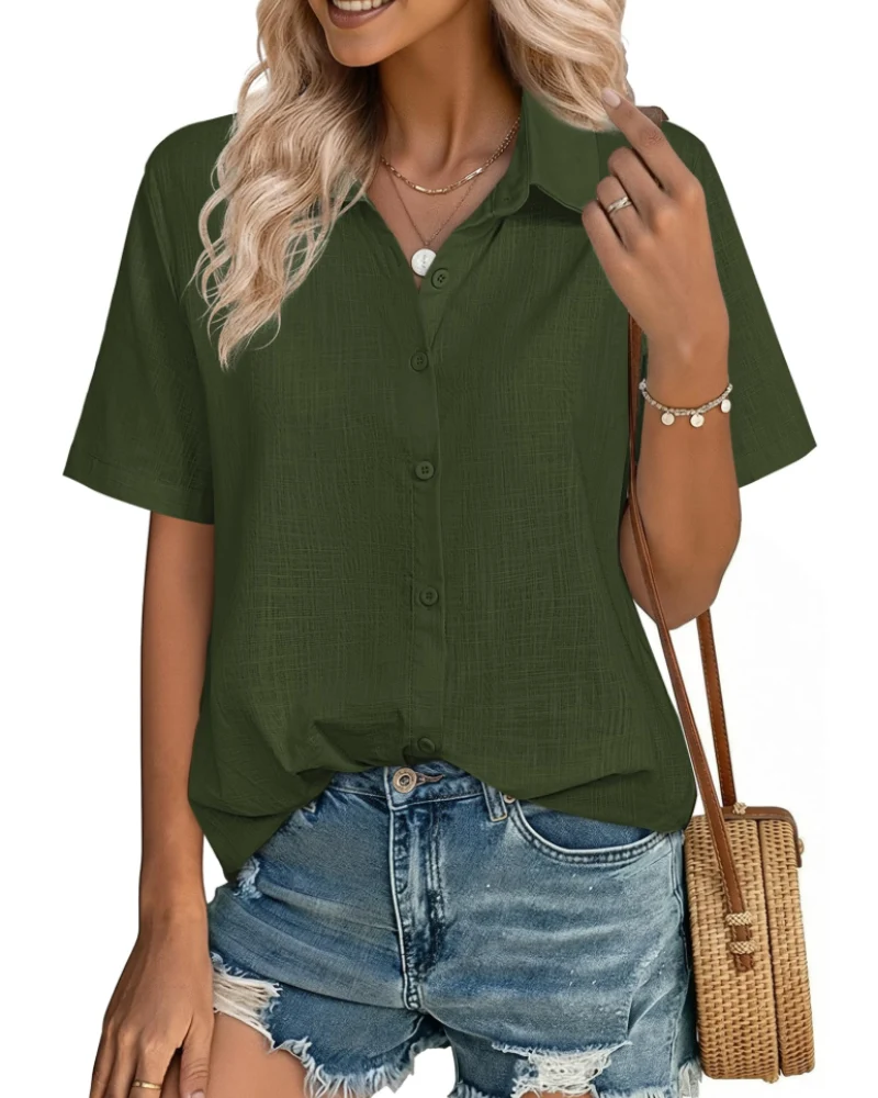 Aveline Chemisier Femme – Blouse Boutonnée Coton Lyocell Lin à Manches Courtes