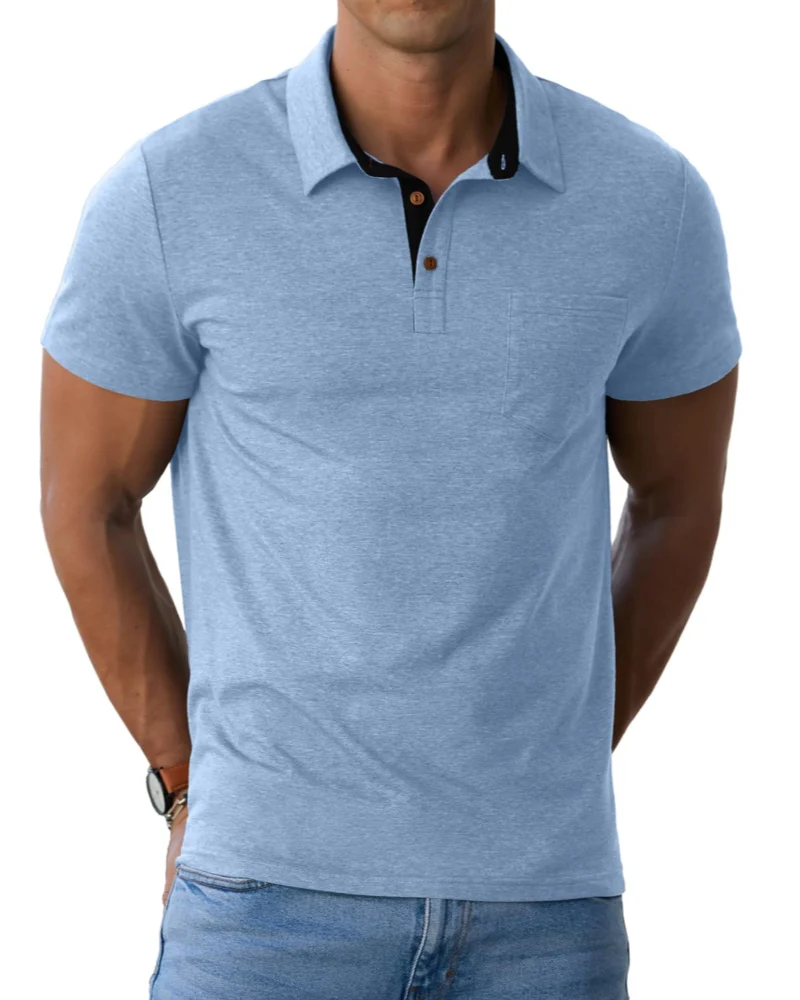 Corvian Polo Homme en Coton – Polo Manches Courtes à 3 Boutons avec Poche Poitrine