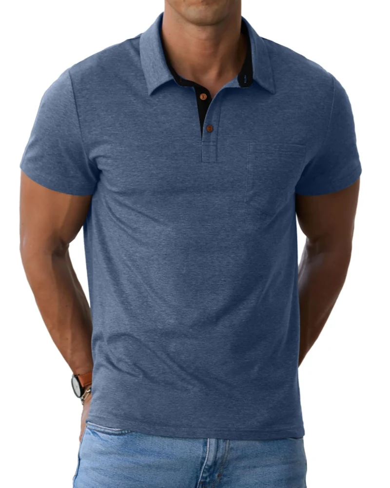 Corvian Polo Homme en Coton – Polo Manches Courtes à 3 Boutons avec Poche Poitrine