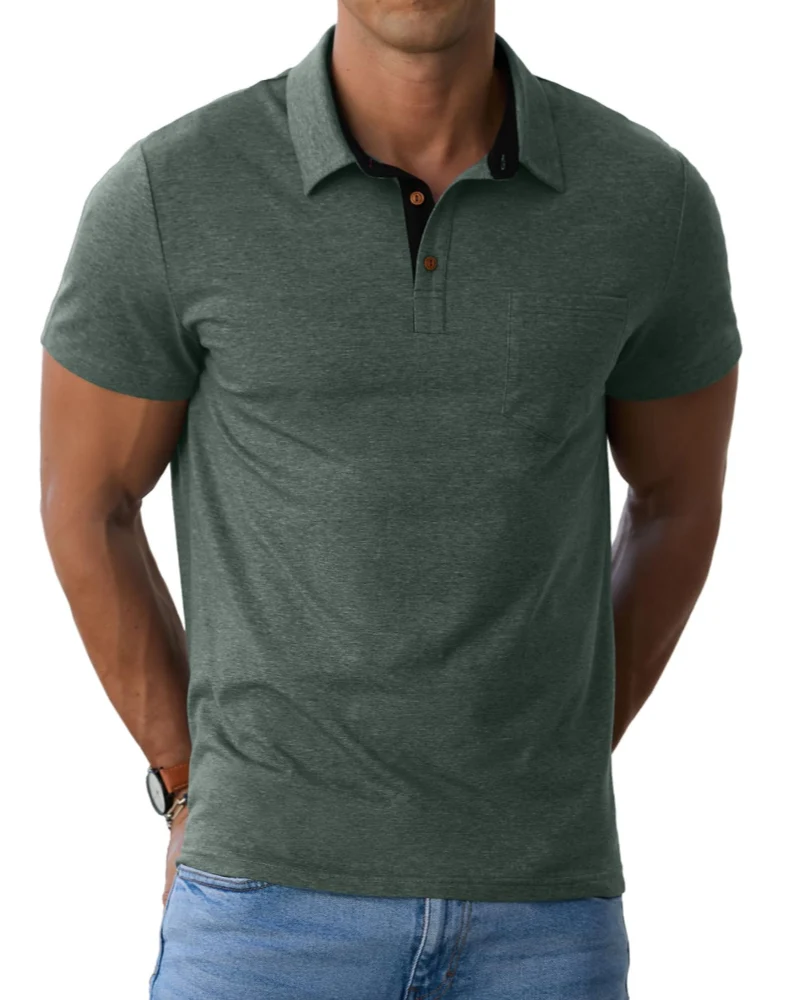 Corvian Polo Homme en Coton – Polo Manches Courtes à 3 Boutons avec Poche Poitrine
