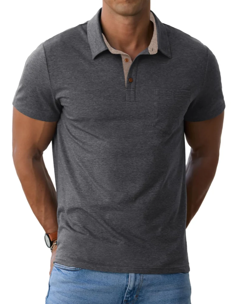 Corvian Polo Homme en Coton – Polo Manches Courtes à 3 Boutons avec Poche Poitrine
