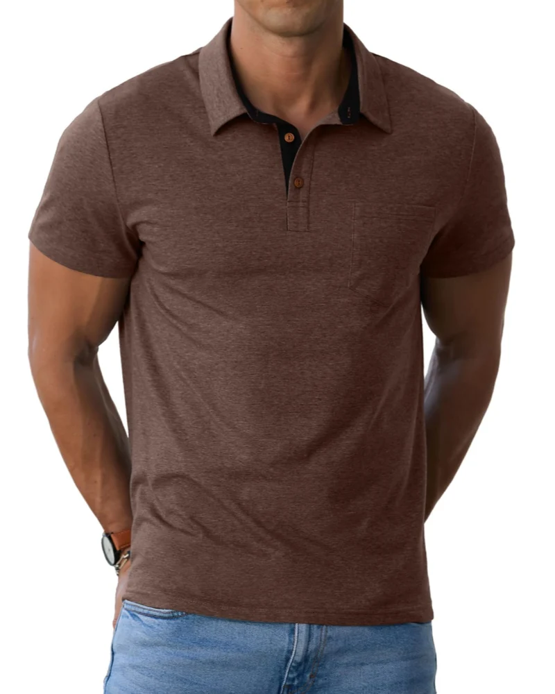 Corvian Polo Homme en Coton – Polo Manches Courtes à 3 Boutons avec Poche Poitrine