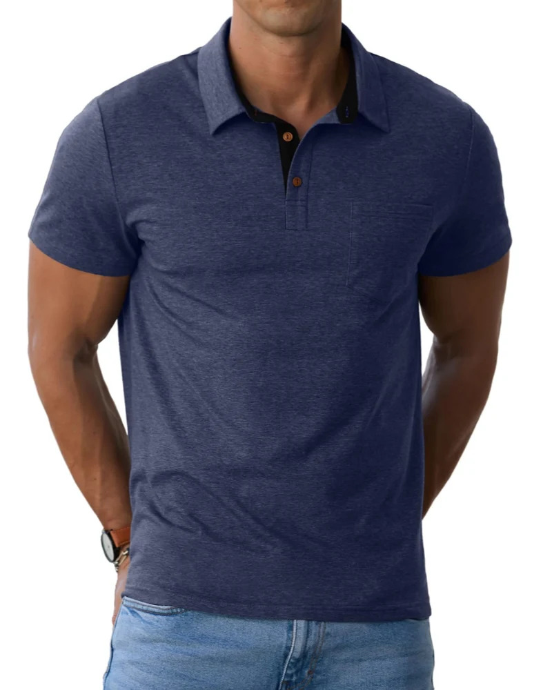Corvian Polo Homme en Coton – Polo Manches Courtes à 3 Boutons avec Poche Poitrine