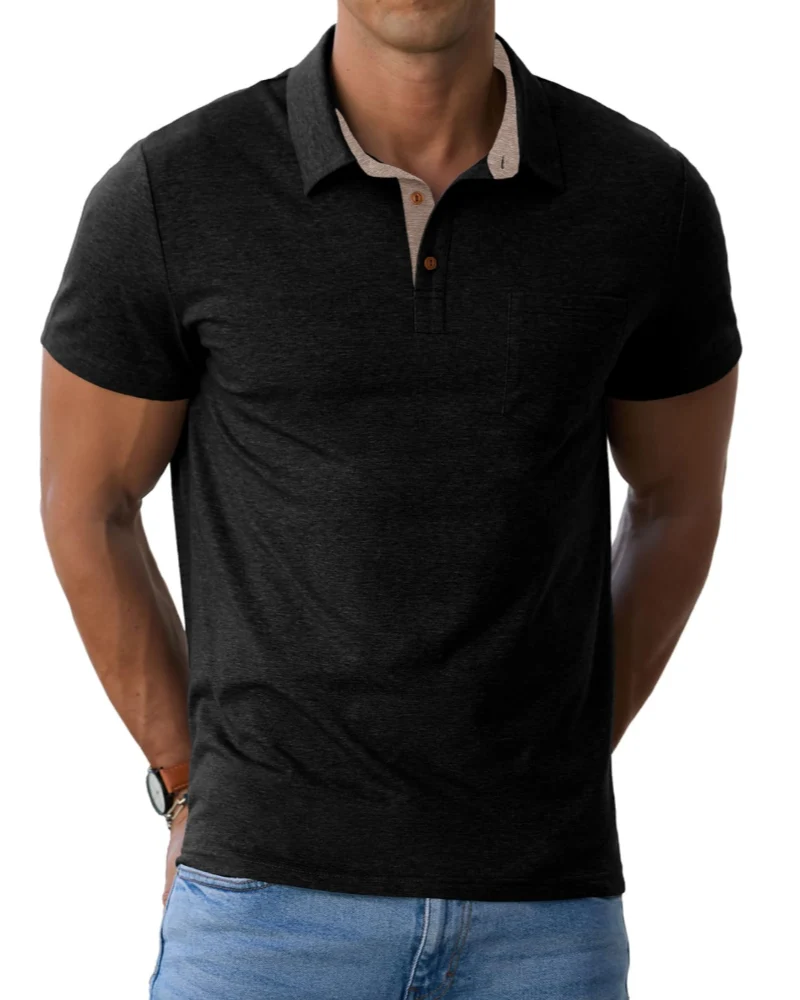Corvian Polo Homme en Coton – Polo Manches Courtes à 3 Boutons avec Poche Poitrine