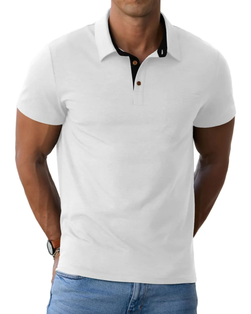 Corvian Polo Homme en Coton – Polo Manches Courtes à 3 Boutons avec Poche Poitrine