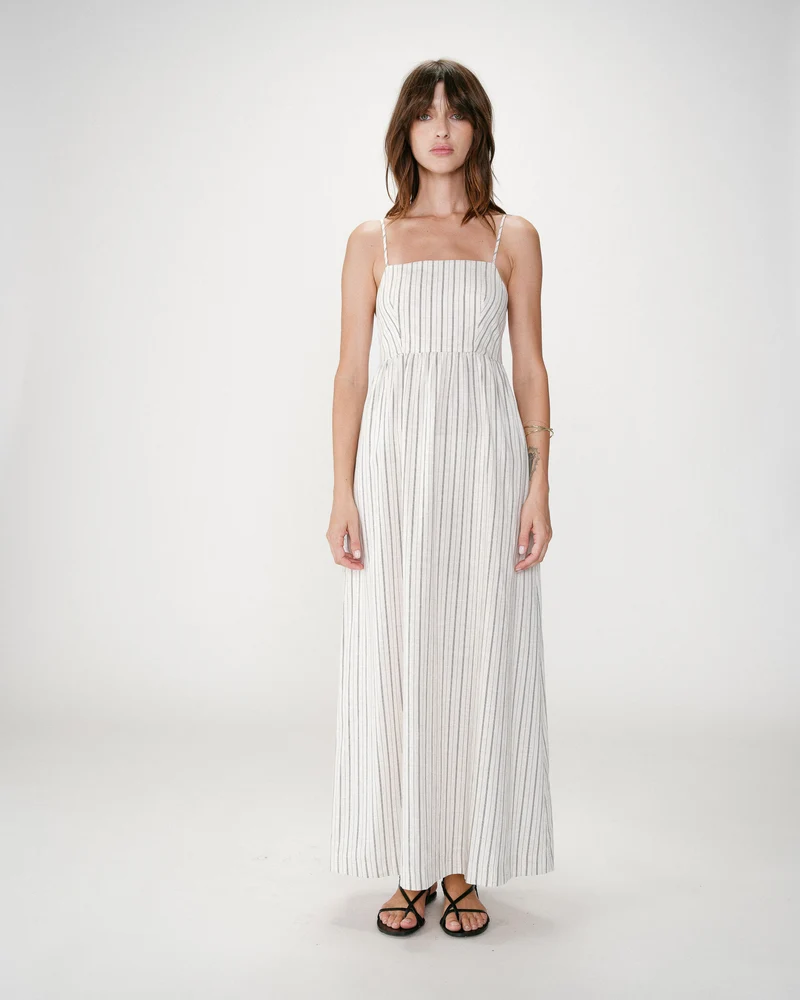 Robe longue rayée dos nu à fines bretelles sable Wyna