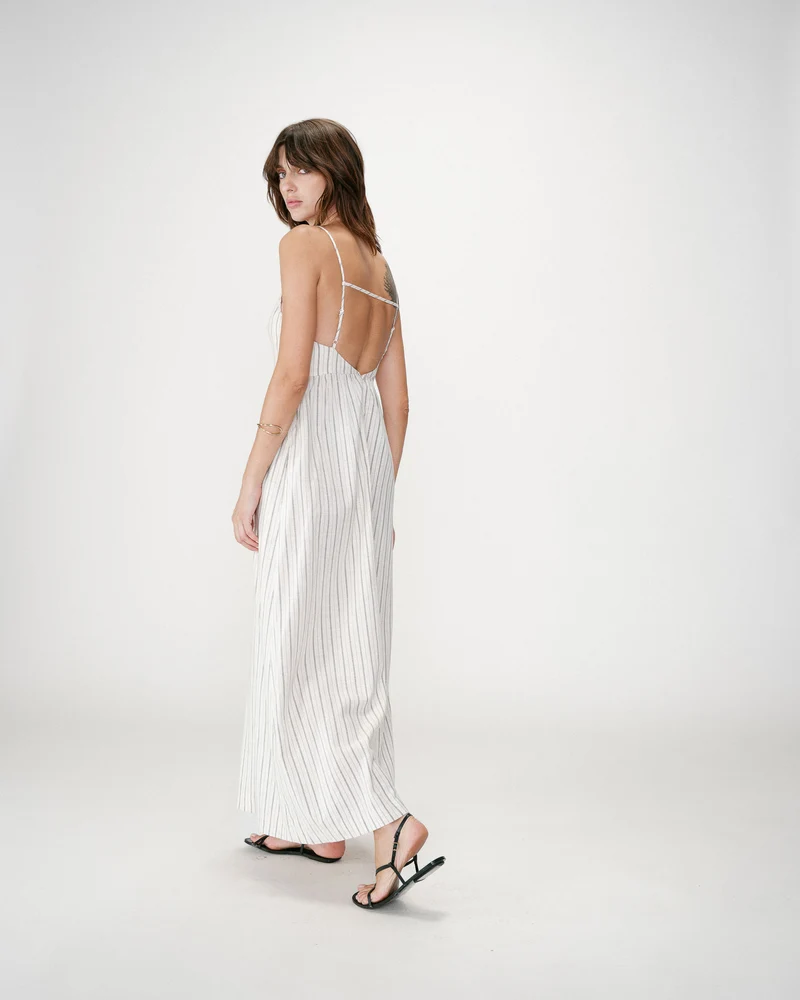 Robe longue rayée dos nu à fines bretelles sable Wyna