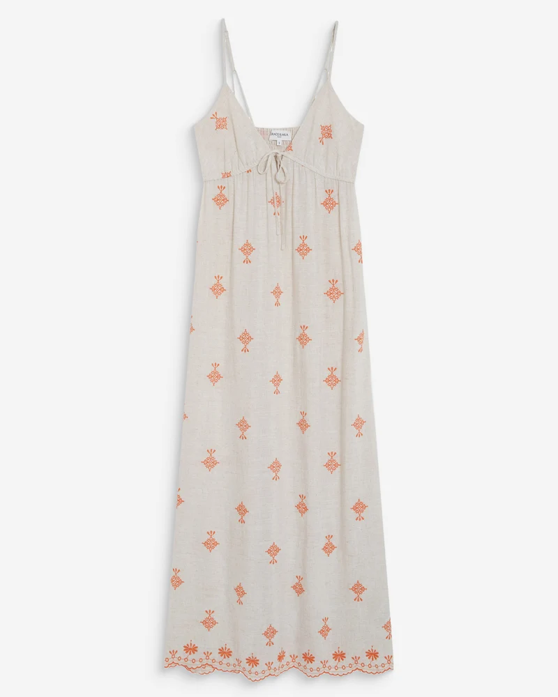 Robe longue bohème évasée à broderies orange Wilora