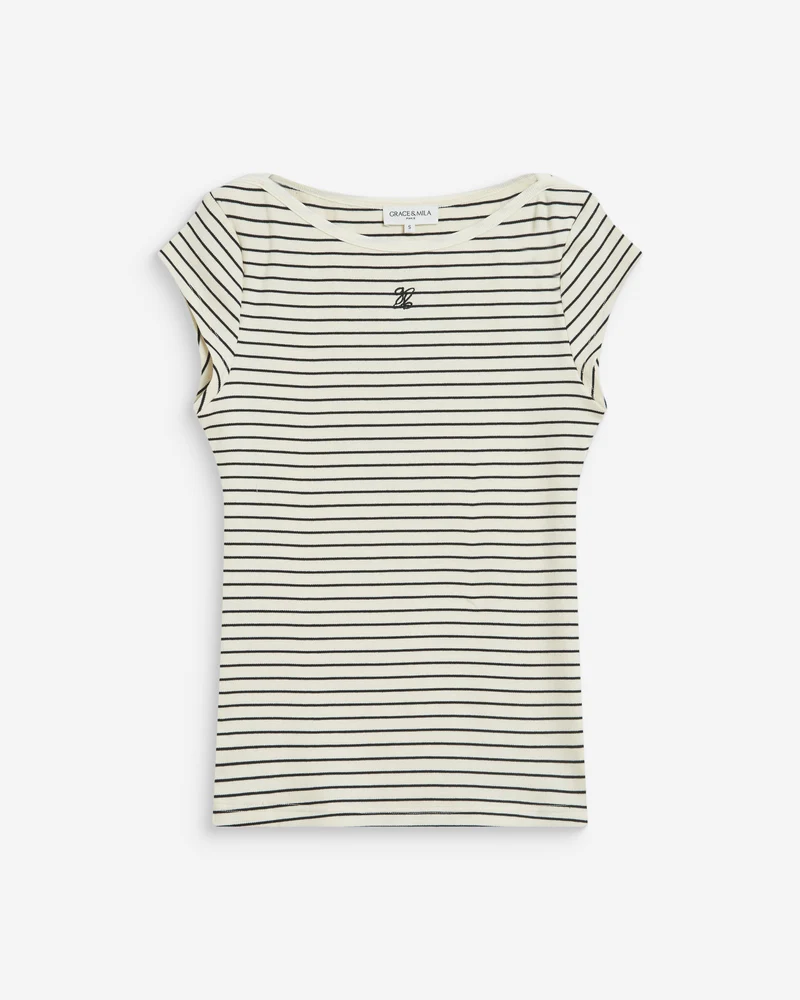 T-shirt col bateau ajusté à rayures ecru Wake