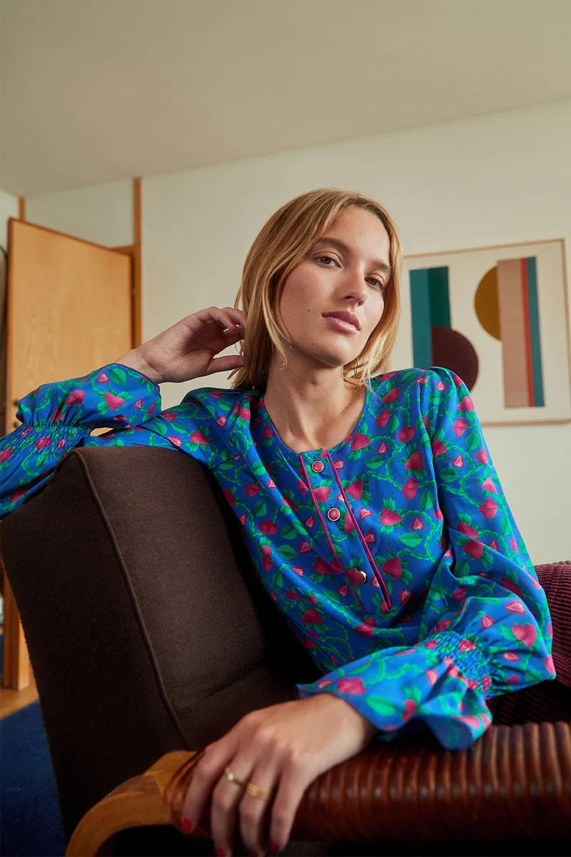 Blouse Flamboyante Fraises Volantes Bleu
