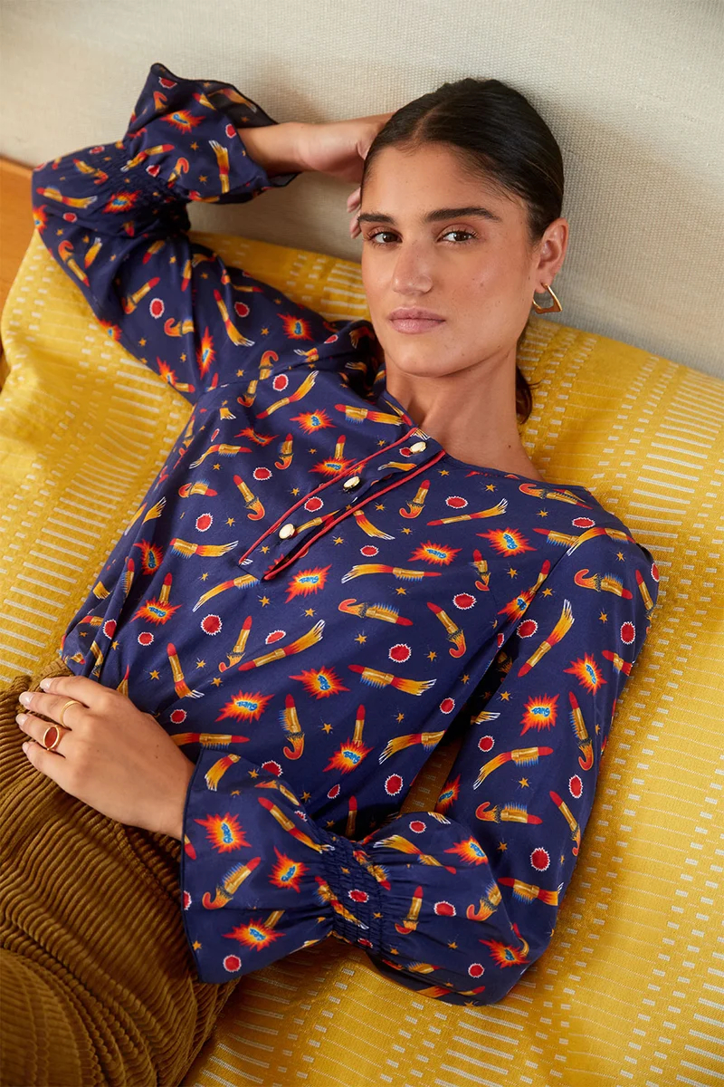 Blouse Flamboyante Rocket Lipstick Bleu