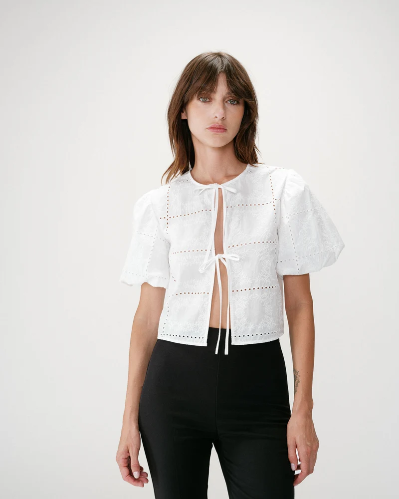 Blouse brodée à nouer manches ballon white Wylette
