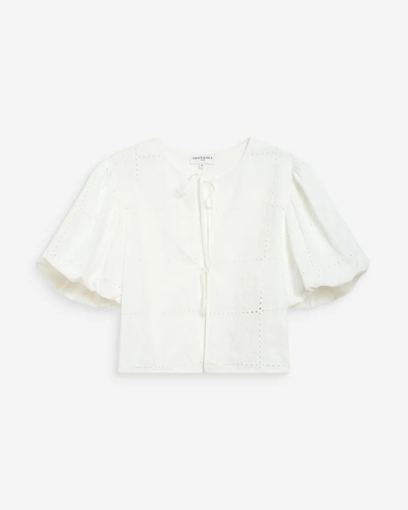 Blouse brodée à nouer manches ballon white Wylette