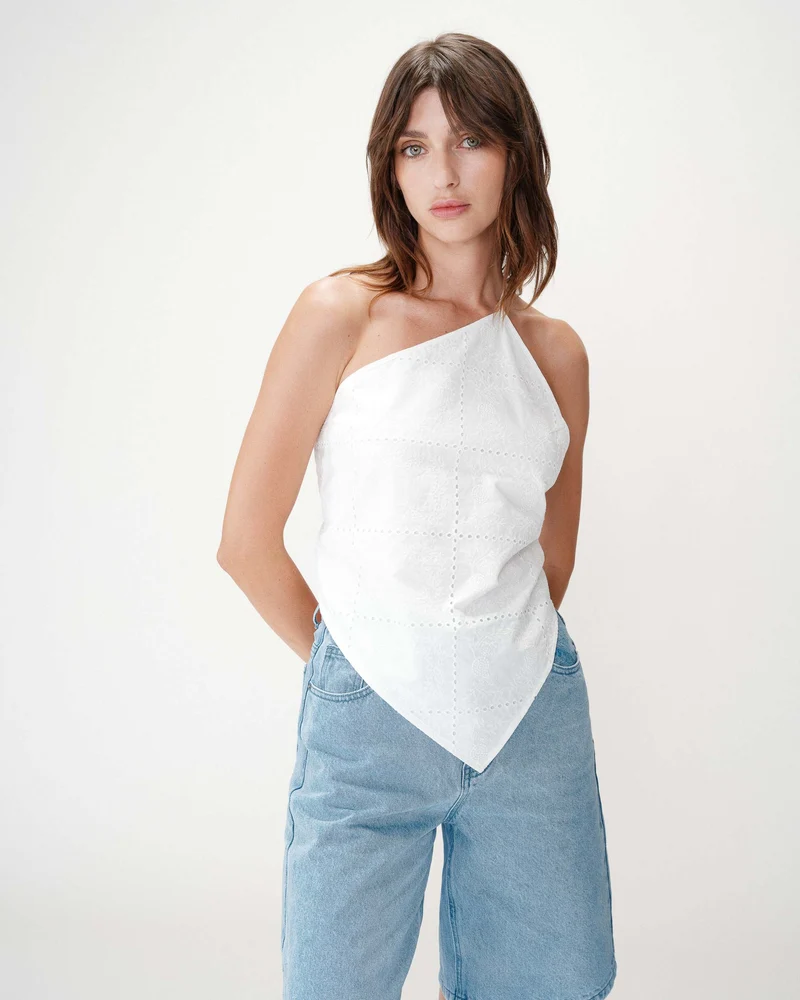 Top en coton brodé asymétrique dos nu white Waiting