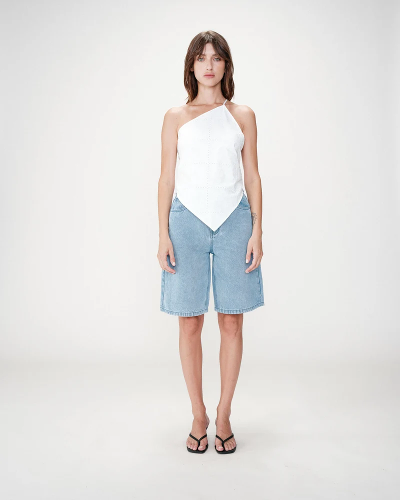 Top en coton brodé asymétrique dos nu white Waiting