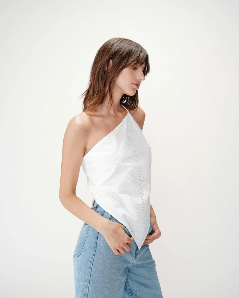 Top en coton brodé asymétrique dos nu white Waiting