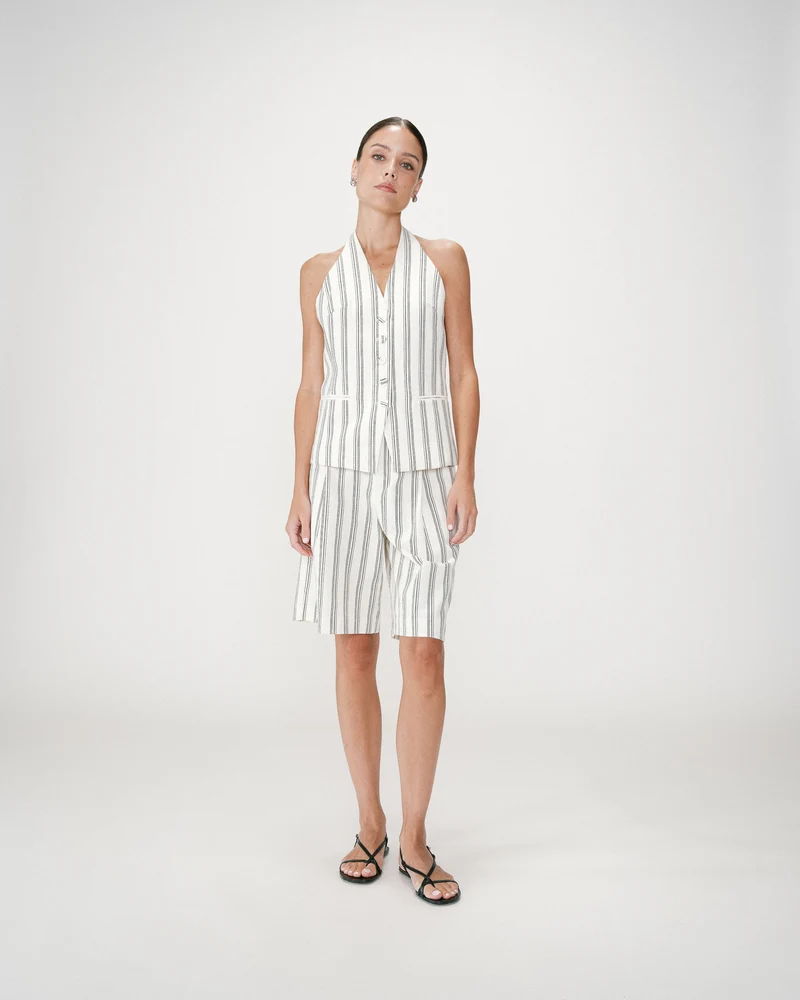 Gilet de tailleur col V dos nu rayure Winika