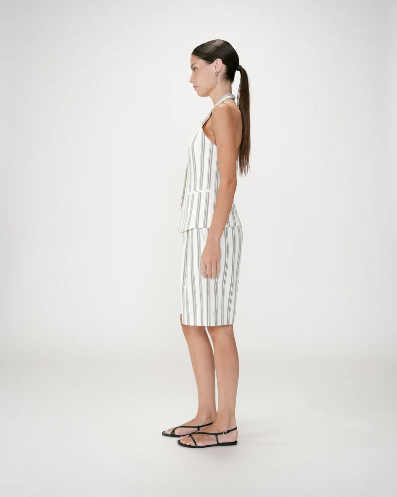 Gilet de tailleur col V dos nu rayure Winika