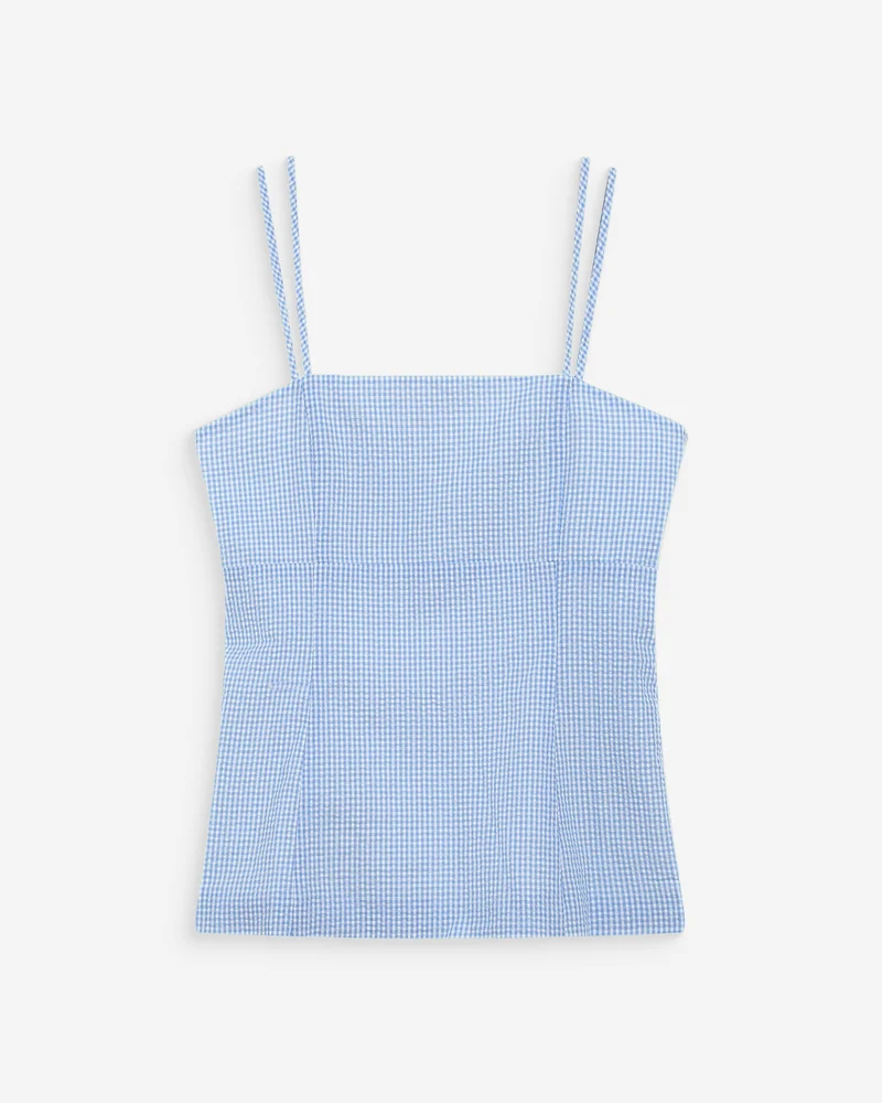 Top en coton vichy ajusté col carré ciel Wynel