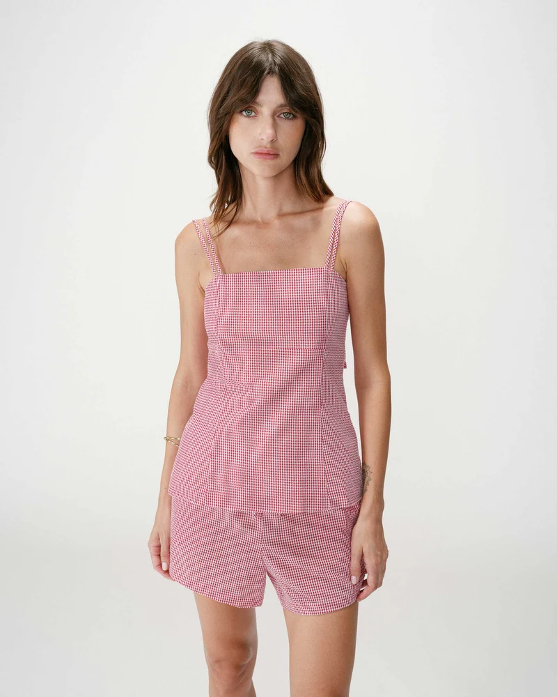 Top en coton vichy ajusté col carré rouge Wynel