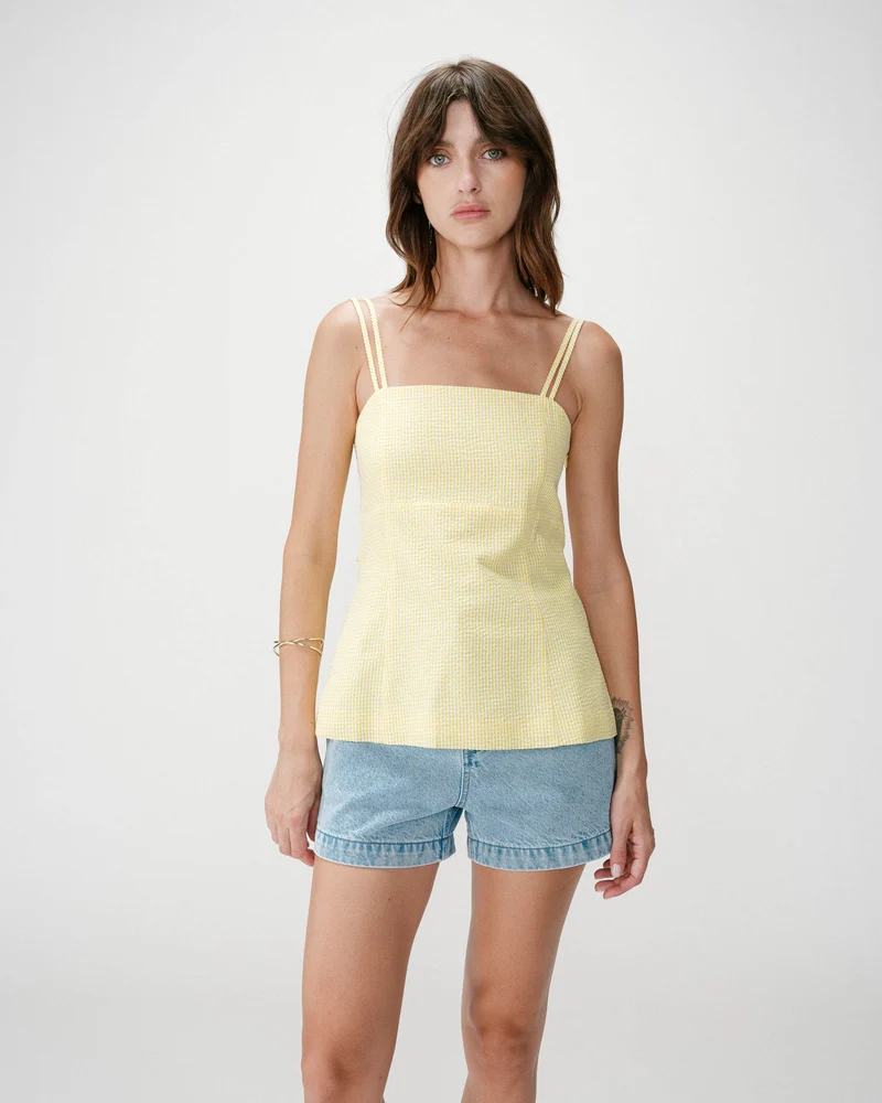 Top en coton vichy ajusté col carré jaune Wynel
