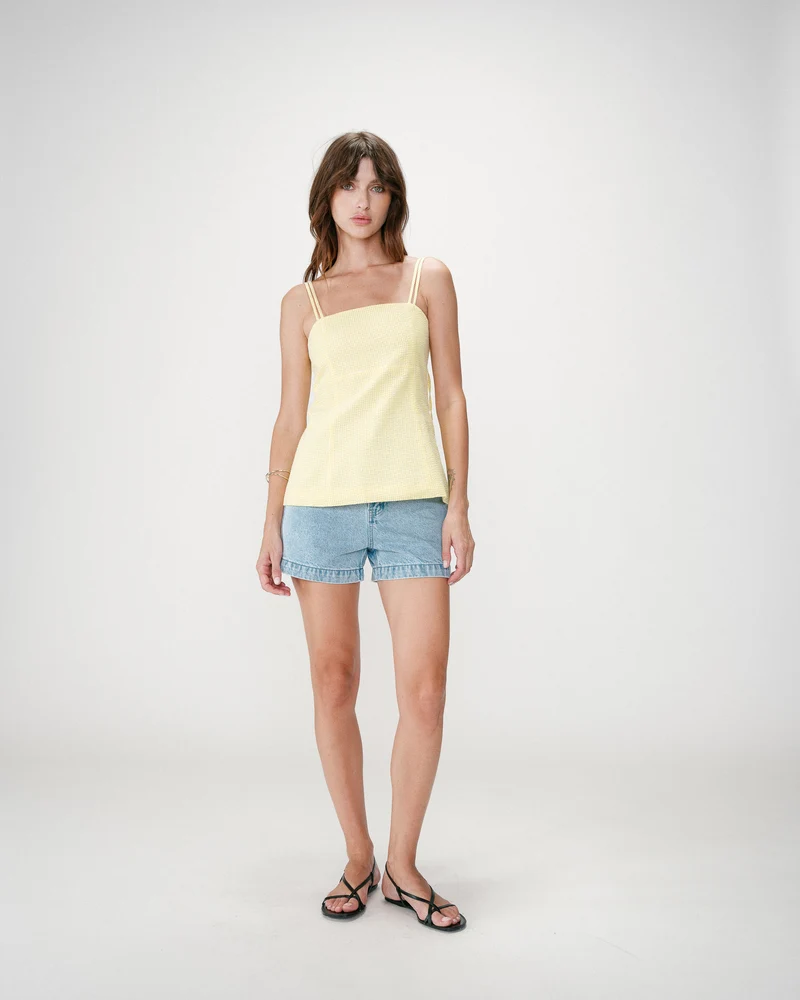 Top en coton vichy ajusté col carré jaune Wynel
