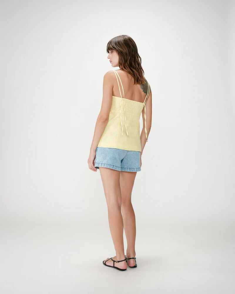 Top en coton vichy ajusté col carré jaune Wynel