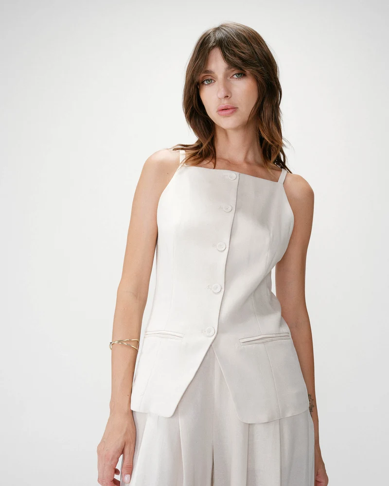 Gilet de tailleur en tencel et lin col carré sable Winston