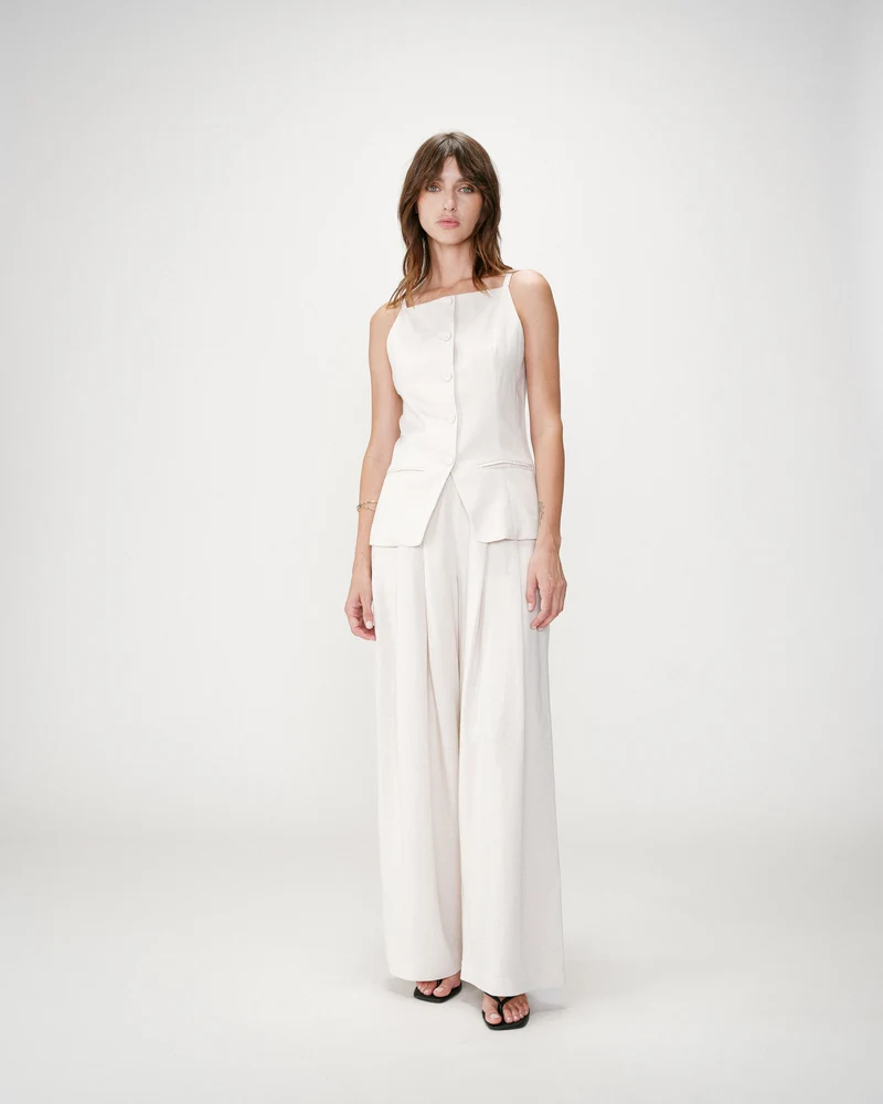Gilet de tailleur en tencel et lin col carré sable Winston