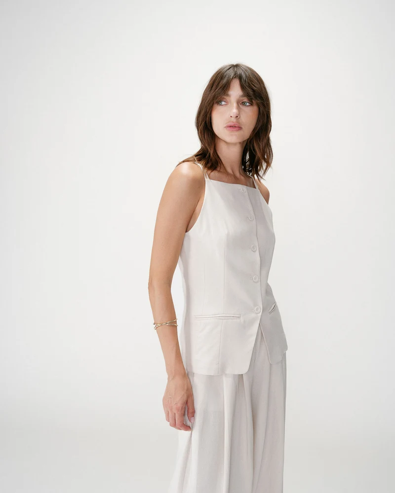 Gilet de tailleur en tencel et lin col carré sable Winston