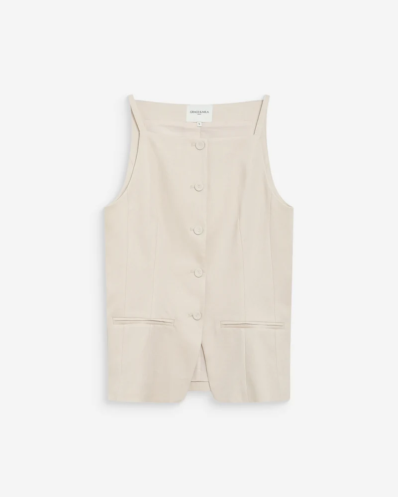 Gilet de tailleur en tencel et lin col carré sable Winston