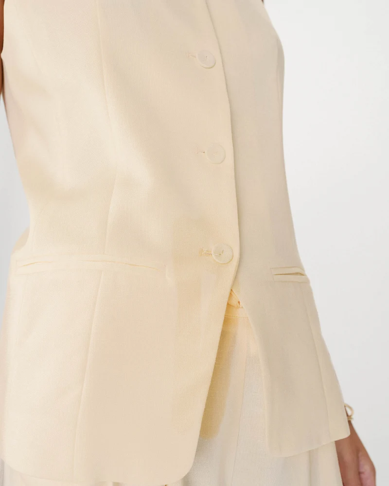 Gilet de tailleur en tencel et lin col carré jaune Winston