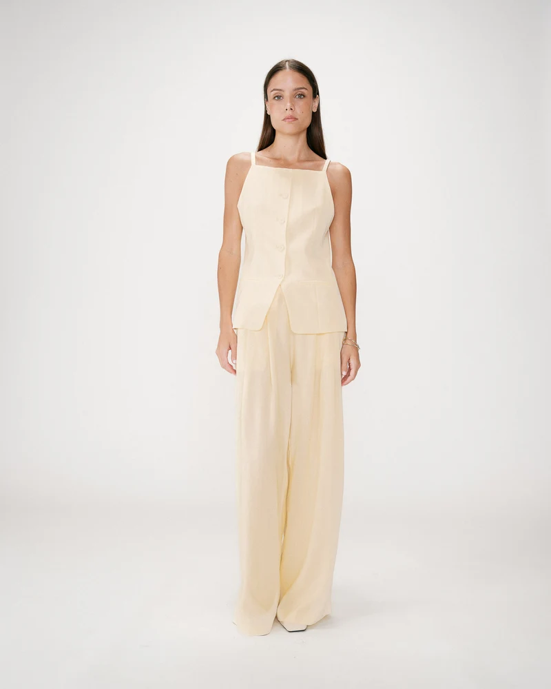 Gilet de tailleur en tencel et lin col carré jaune Winston