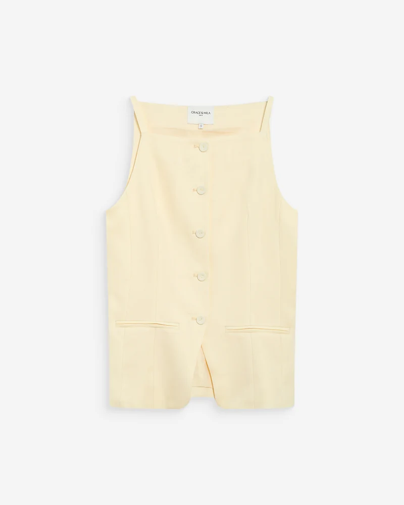 Gilet de tailleur en tencel et lin col carré jaune Winston