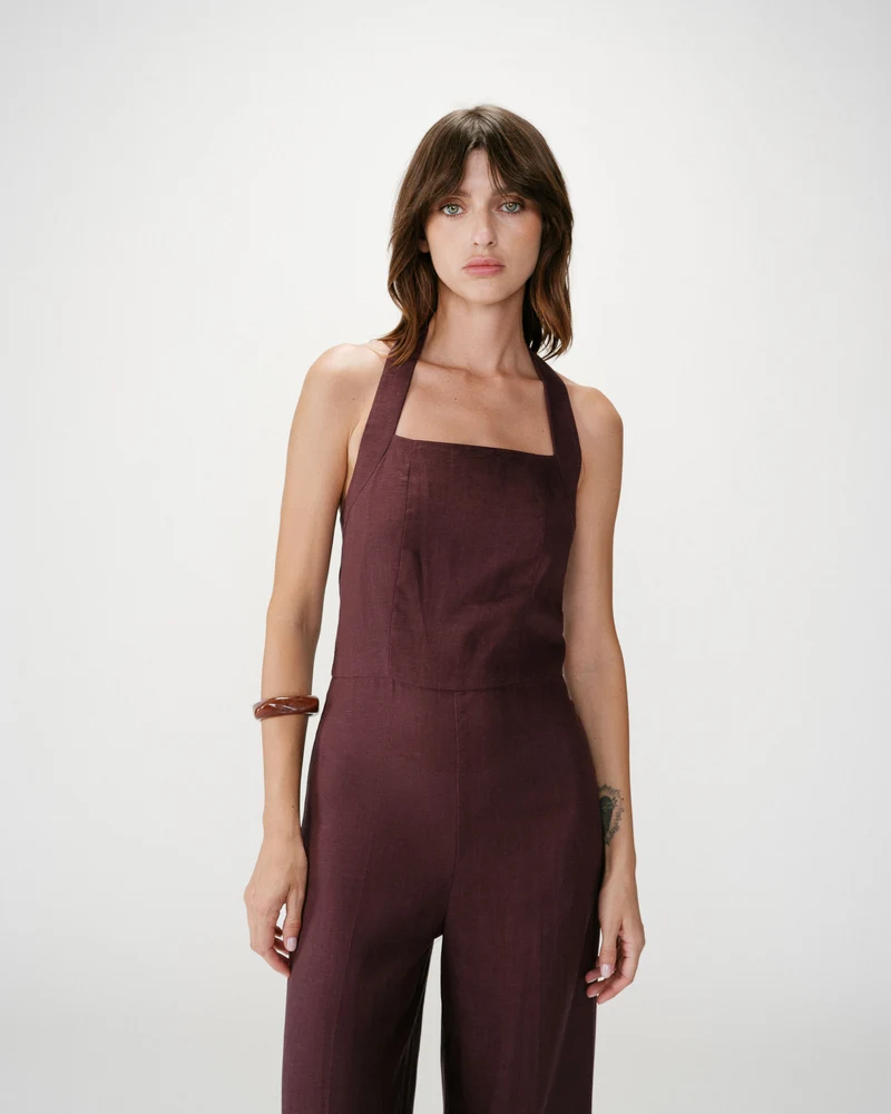 Combinaison pantalon droite encolure carrée chocolat Wish