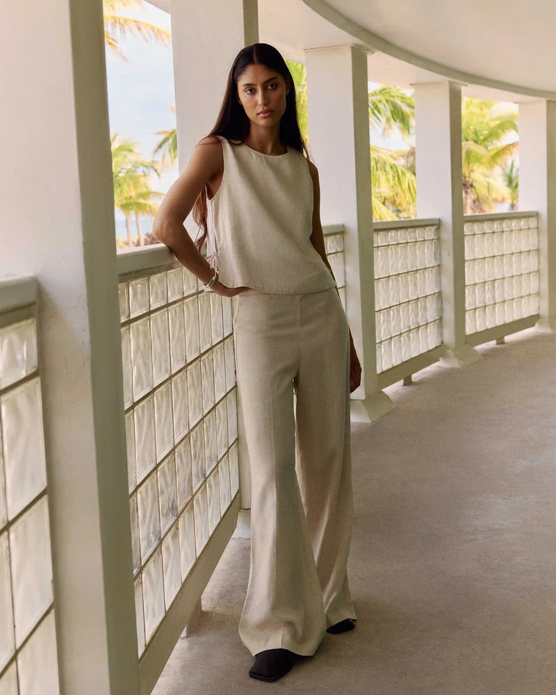 Pantalon droit taille haute jambes larges en lin sable Wesley