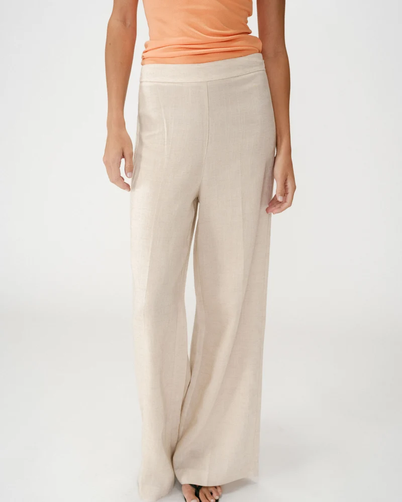 Pantalon droit taille haute jambes larges en lin sable Wesley