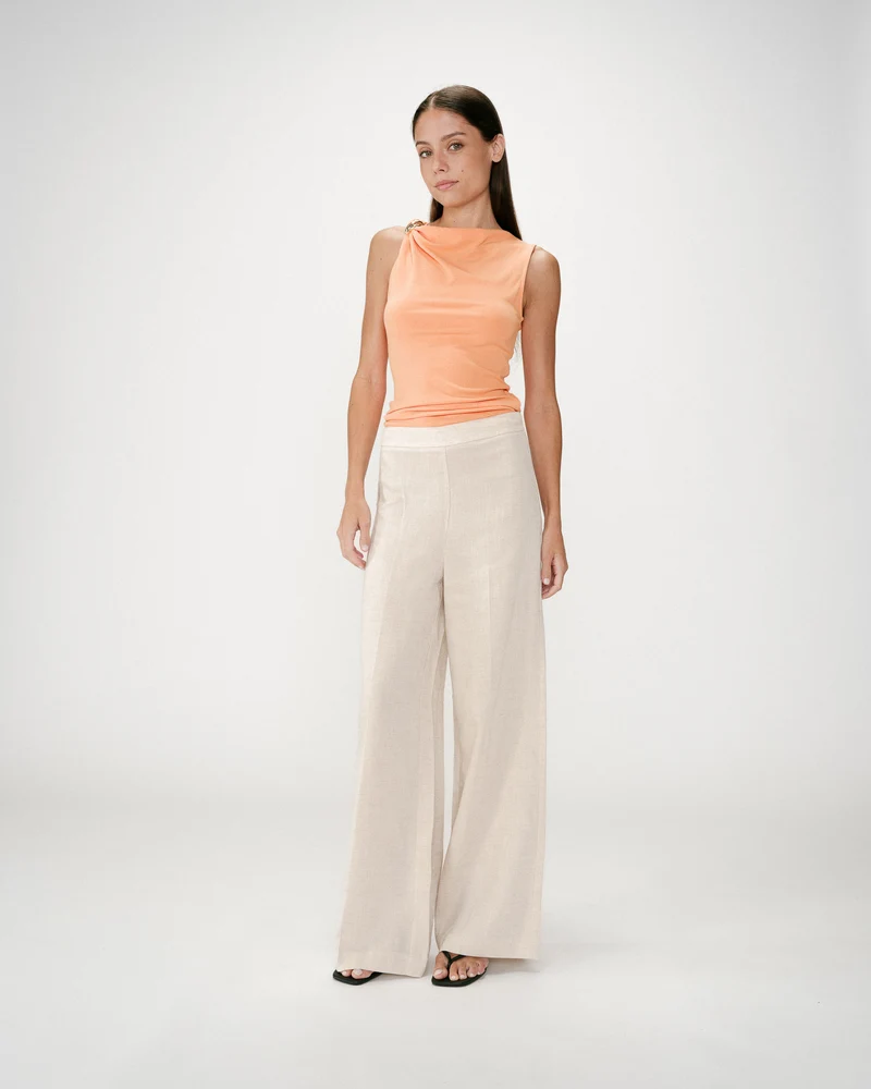 Pantalon droit taille haute jambes larges en lin sable Wesley
