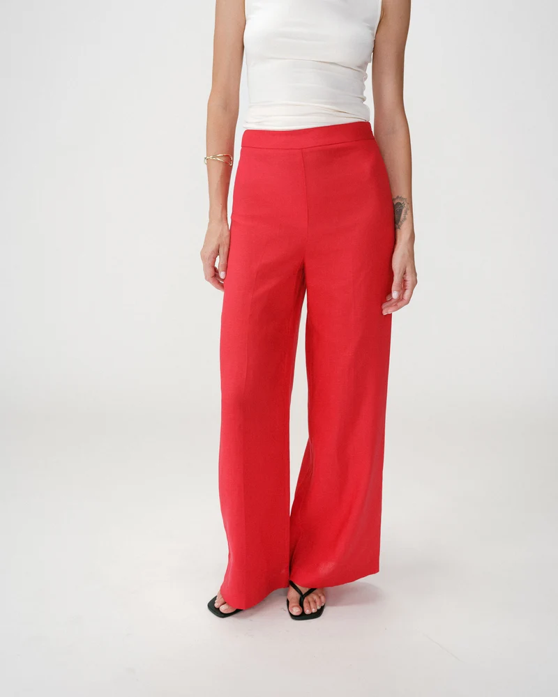 Pantalon droit taille haute jambes larges en lin rouge Wesley