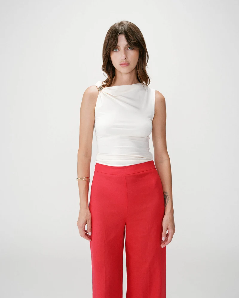 Pantalon droit taille haute jambes larges en lin rouge Wesley