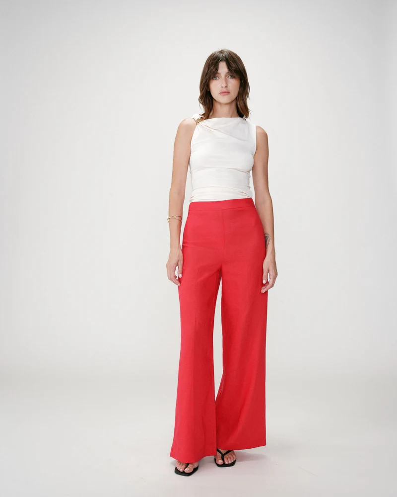 Pantalon droit taille haute jambes larges en lin rouge Wesley