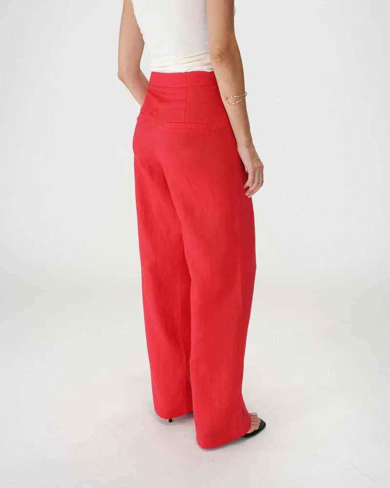 Pantalon droit taille haute jambes larges en lin rouge Wesley